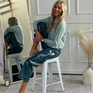 Anthropologie Maeve The Collette Pants Wide Leg Faux Leather Vegan Sz 30 Teal